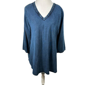 Soft Surroundings Dark Denim Tunic Top Tencel 3/4 Roll Tab Slvs Beachy size L